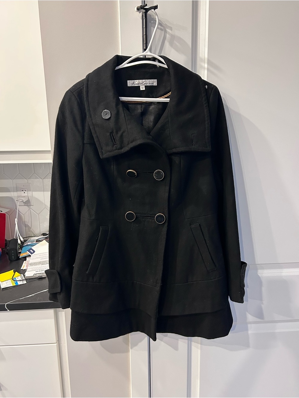 Kenneth Cole Black Wool Blend Double-Breasted Pea Coat Jacket Military High Neck